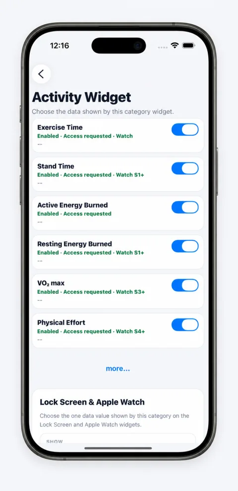 HealthPro Activity Widget settings screen with selectable exercise, stand, energy, VO₂ max, and physical effort values