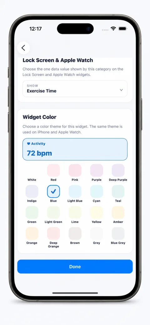 HealthPro Widget color settings screen showing a Lock Screen and Apple Watch preview with available color themes