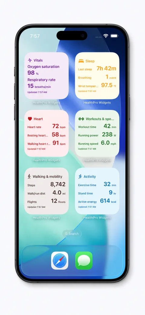 HealthPro Widgets on an iPhone Home Screen with Activity, Walking, Heart, Sleep, Vitals, and Workouts widgets