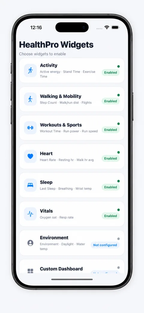 HealthPro Widgets category selection screen with Activity, Walking & Mobility, Workouts & Sports, Heart, Sleep, Vitals, and Environment