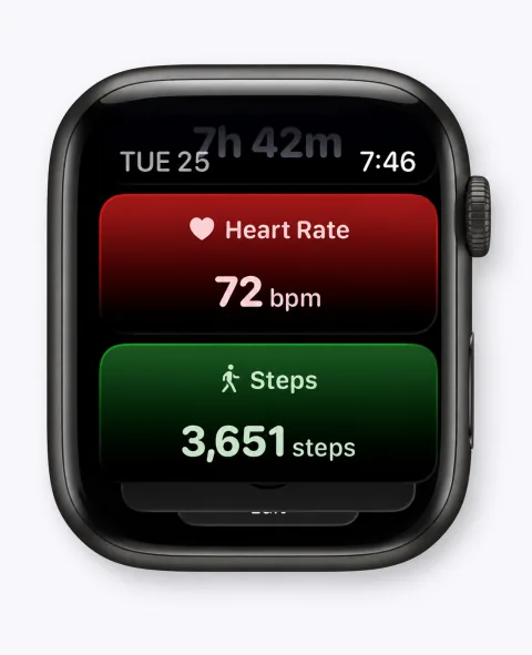 Apple Watch preview showing Heart Rate and Steps widgets