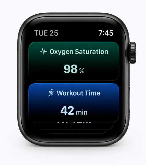 Apple Watch preview showing Oxygen Saturation and Workout Time widgets